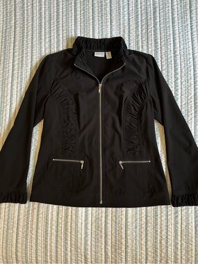 Chicos Jacket, Black Ruffle-Trim Zip Active Jacket - Chicos size 0
